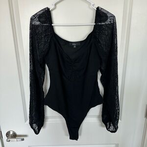 Lulus - XL - Black Lace Long Sleeve Bodysuit
